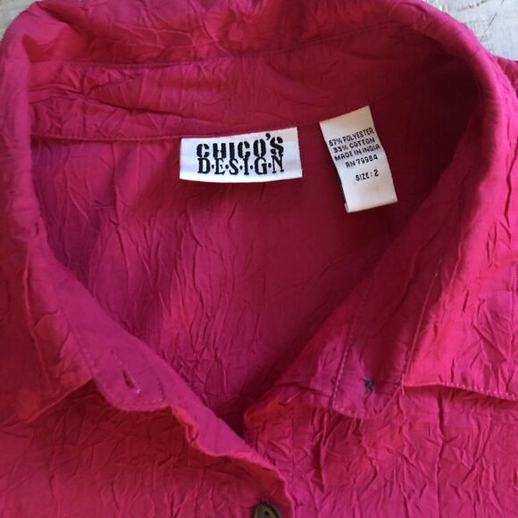 Chicos Crepe Gauze Shirt Womens Sz L Button Front Fuchsia Roll Tab Sleeve Blouse - Picture 3 of 11